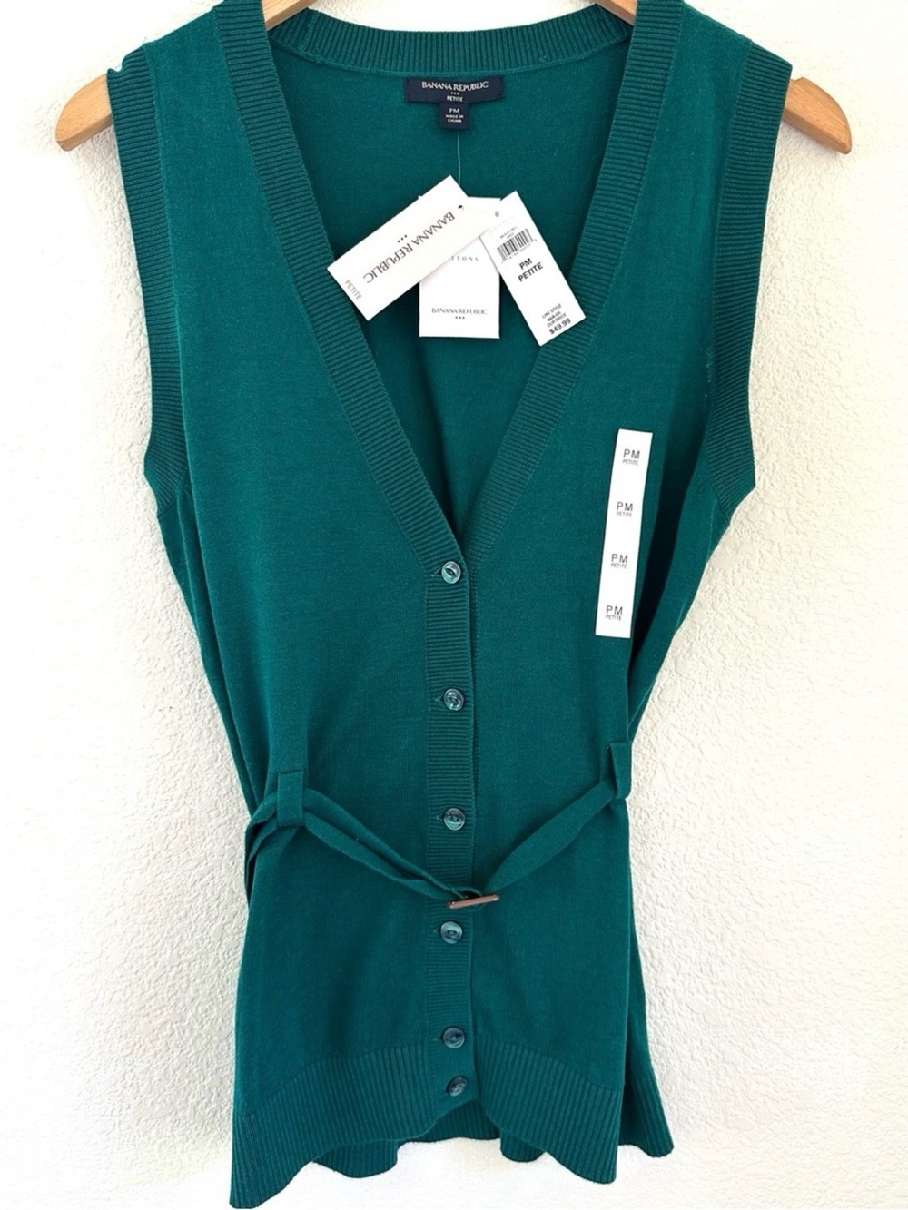 NWT Banana Republic Petite Emerald Green Belted Sweater Vest Cardigan PM